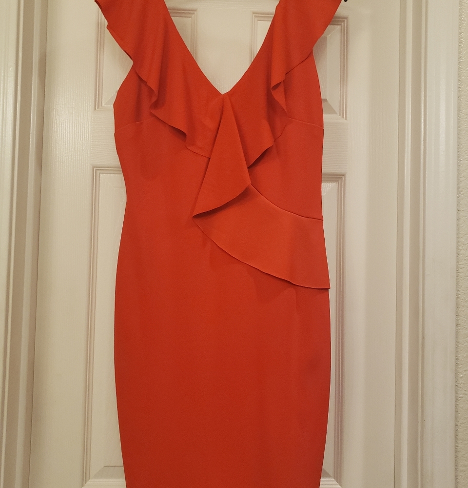 Orange Red Ruffle Dress, Polyster, Spandex